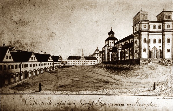 Historische Zeichnung zeigt eine Straße mit Gebäudereihe und großem Gebäudekomplex am Ende.