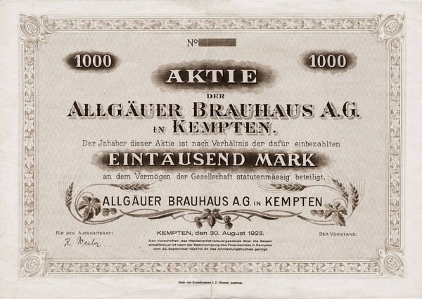 Historische Aktie über tausend Mark einer Brauerei aus 1923, verziert mit filigranen Mustern.