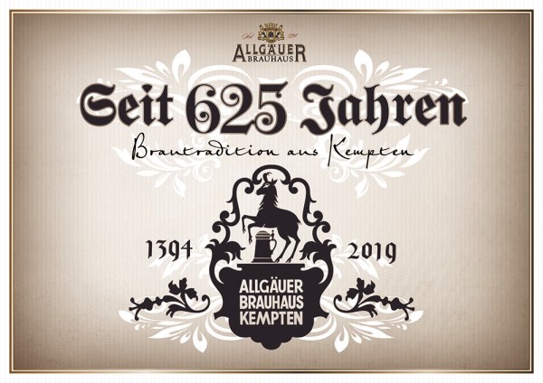 Ein dekorativer Gedenkaushang feiert 625 Jahre Brautradition, datiert von 1394 bis 2019.