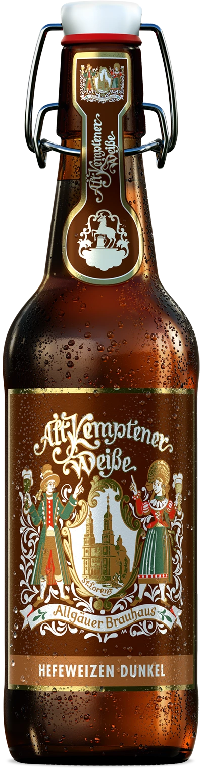 Eine Bierflasche mit einem Bügelverschluss und dekorativem Etikett steht im Vordergrund.