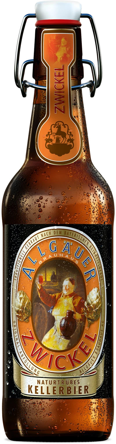 Eine verschlossene Bierflasche mit Bügelverschluss und Etikett, umgeben von Wassertropfen.