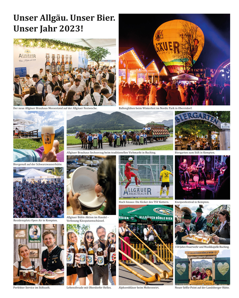 Verschiedene Szenen zeigen Menschen in Festaktivitäten und Biergenuss im Allgäu in 2023.
