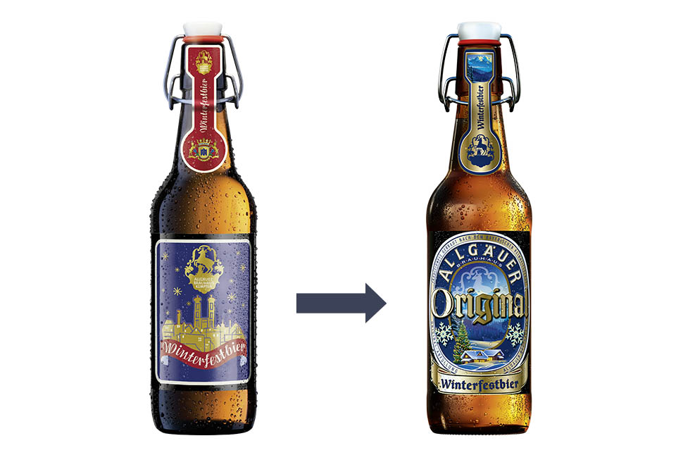 Zwei Bierflaschen mit Bügelverschluss, links vor und rechts nach dem Rebranding.