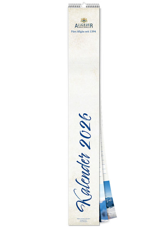 Frontansicht eines Streifenkalenders des Allgäuer Brauhauses, mit der Aufschrift Kalender 2026.