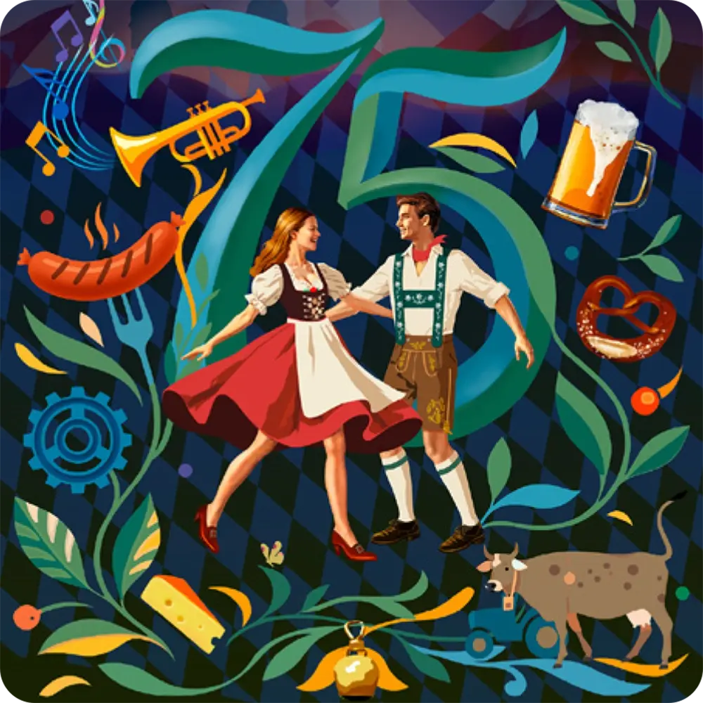 Illustration mit bayerischen Symbolen: tanzendes Paar, Bierkrug, Brezel, Wurst, Musiknoten und eine große 75 im Hintergrund.